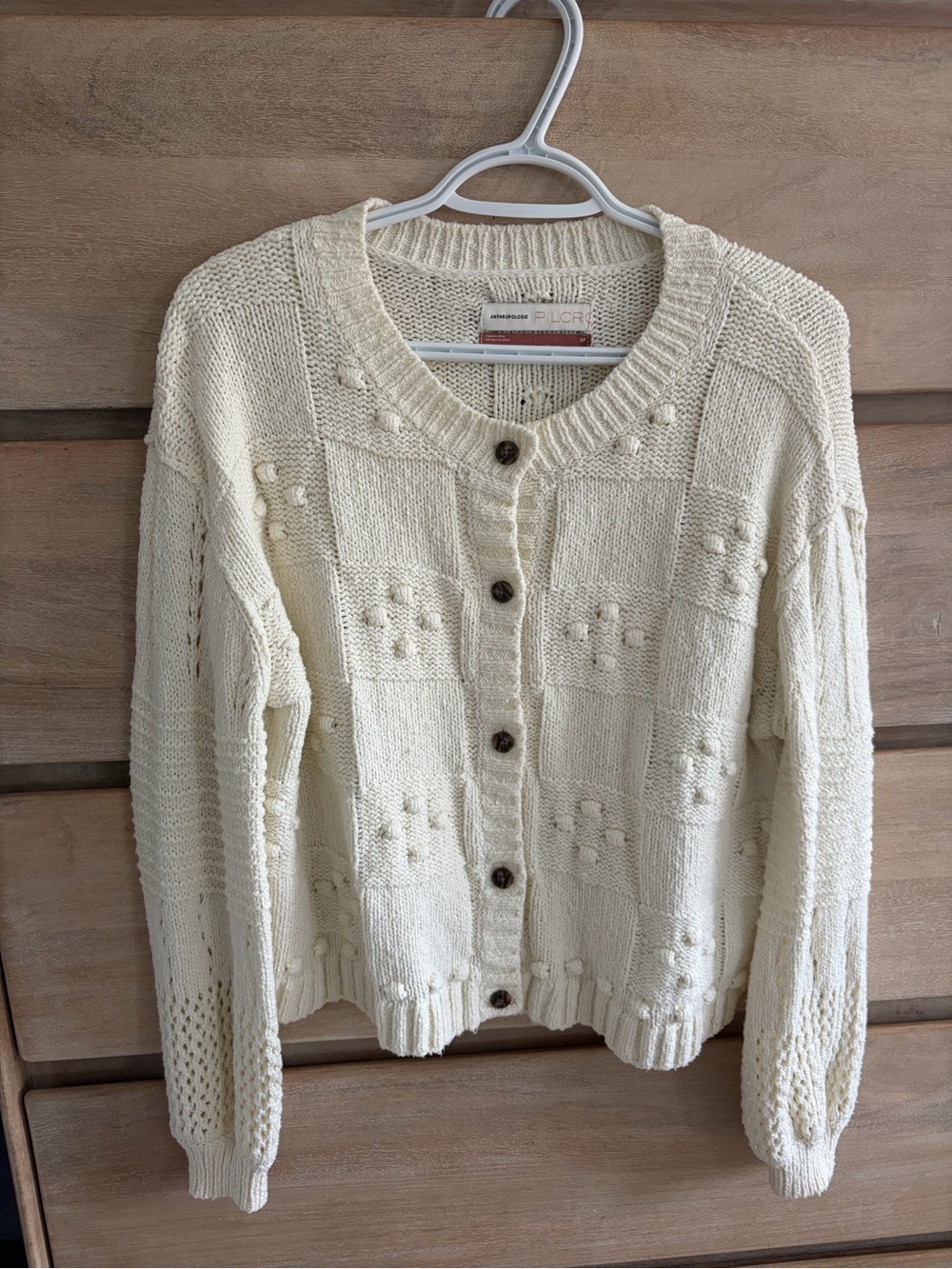 Anthropologie Cream Textured Bobble Knit Button-Front Cardigan